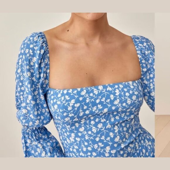 Reformation Blue and White Floral Mica Midi Dress Size 16 - 41191 - Picture 3 of 13